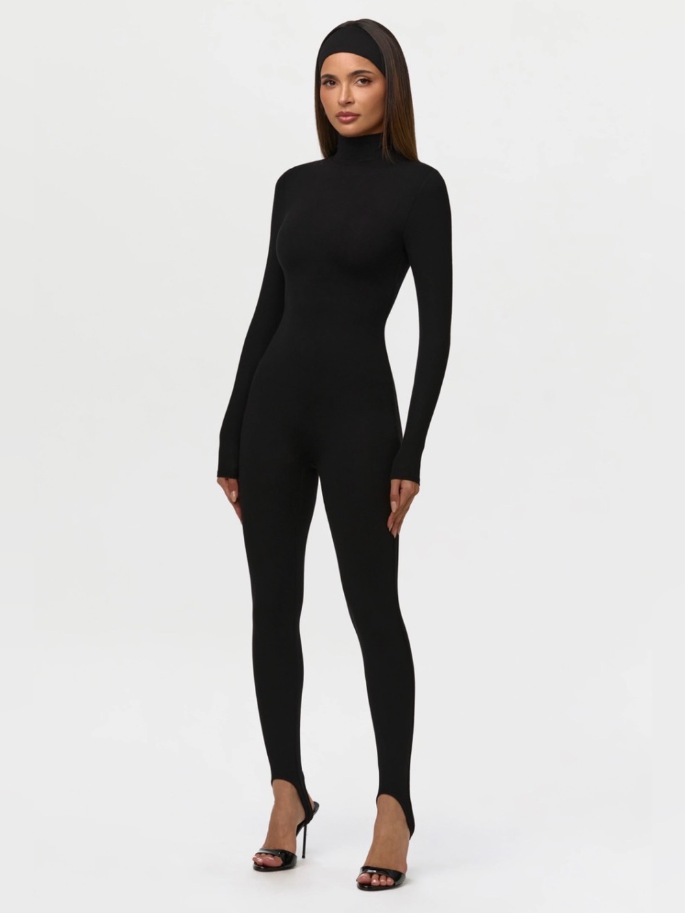 NAKED WARDROBE Stirrup Jumpsuit Catsuit Small Black Mock Neck Butter Sculpting